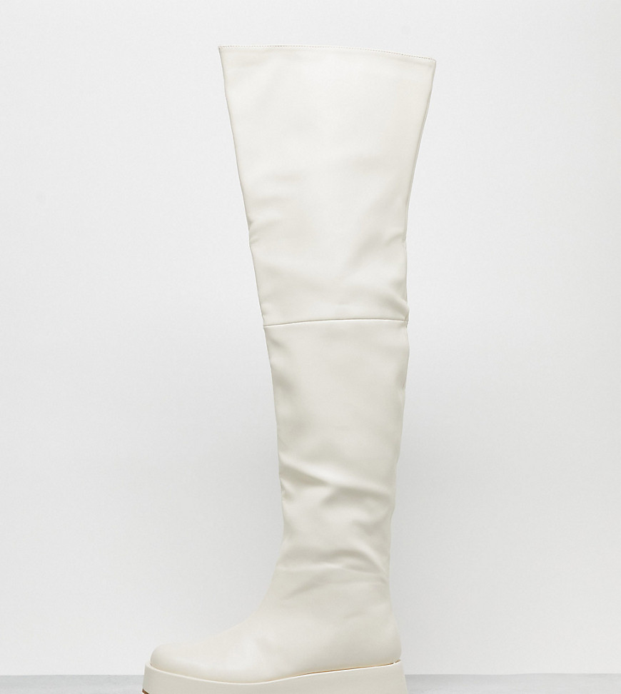 Public Desire Wide Fit Rosie Flat Over The Knee Boots In Cream-White