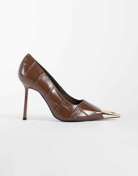 Public Desire Wide Fit Rotate heeled court shoes in brown croc with silver detail - view 1