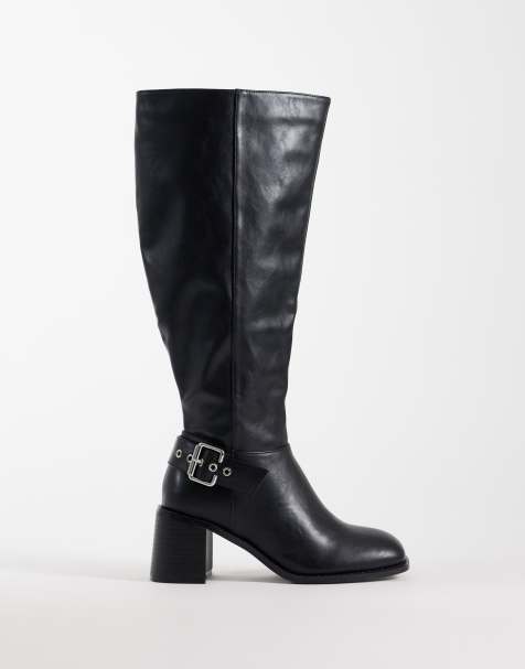 Public Desire Wide Fit Ruth block heel knee boots in black - view 1