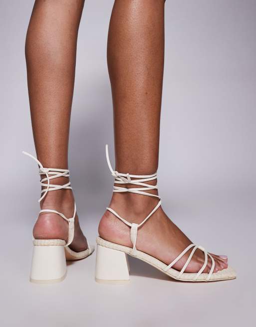 Public Desire Wide Fit Saffira mid heeled sandals with ankle ties in cream