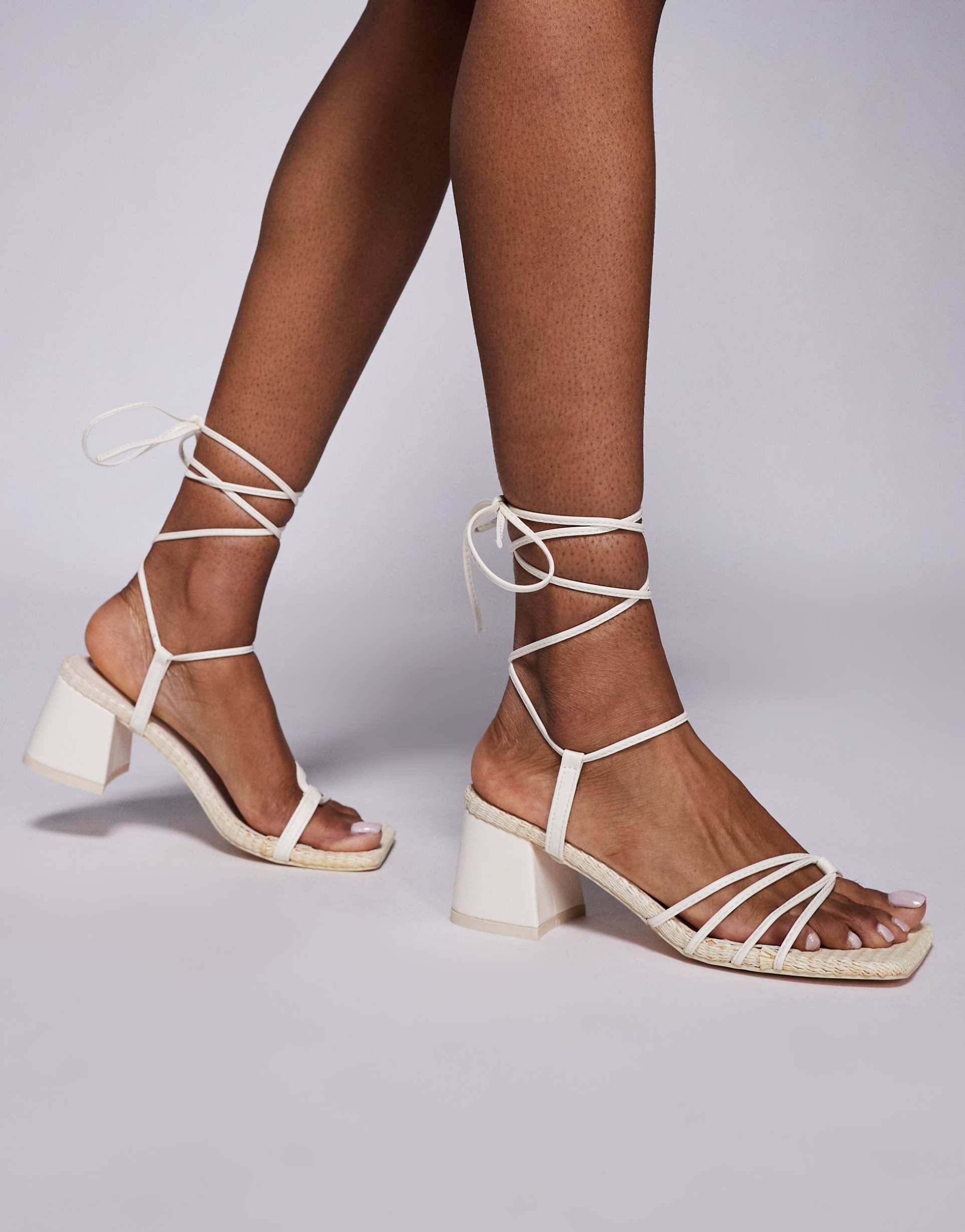 public desire wide fit saffira mid heeled sandals with ankle ties in cream