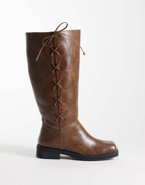Public Desire Wide Fit Saffron square toe knee boots in tan brown - view 1