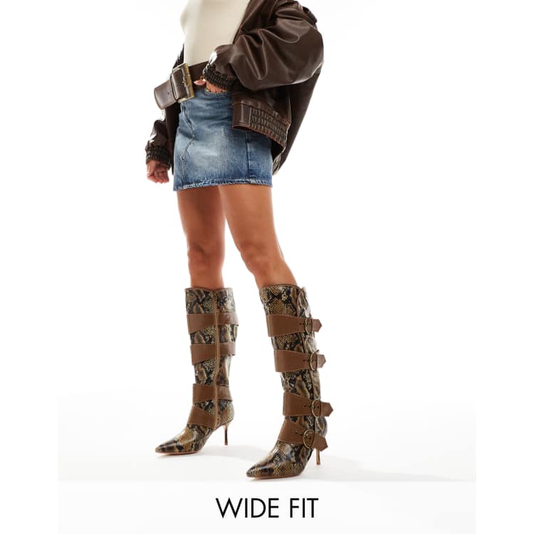 Public Desire Wide Fit Samurai kitten heel knee boots with buckles in snake ASOS