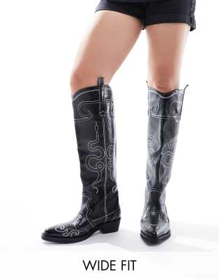 Public Desire Wide Fit Serpentine Western Boots With Embroidery In Black