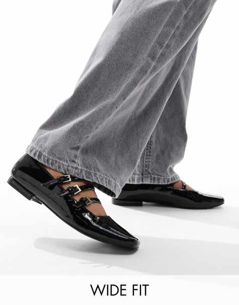 Public Desire Wide Fit Sherry strappy mary jane ballet flats in black patent - view 1