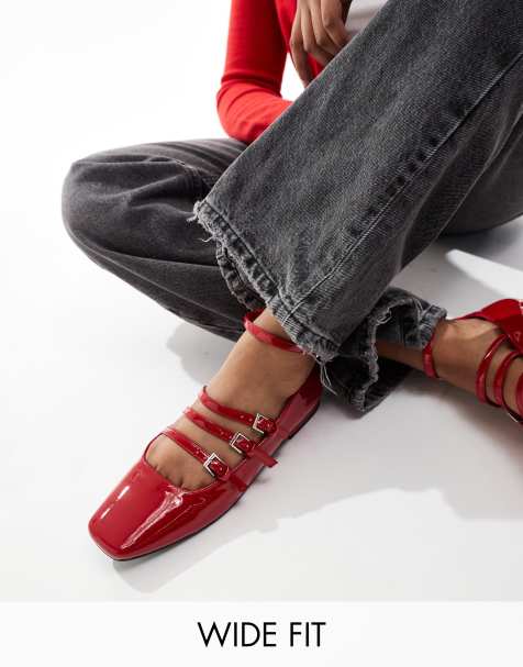 Public Desire Wide Fit Sherry strappy mary jane ballet flats in cherry red patent - view 1
