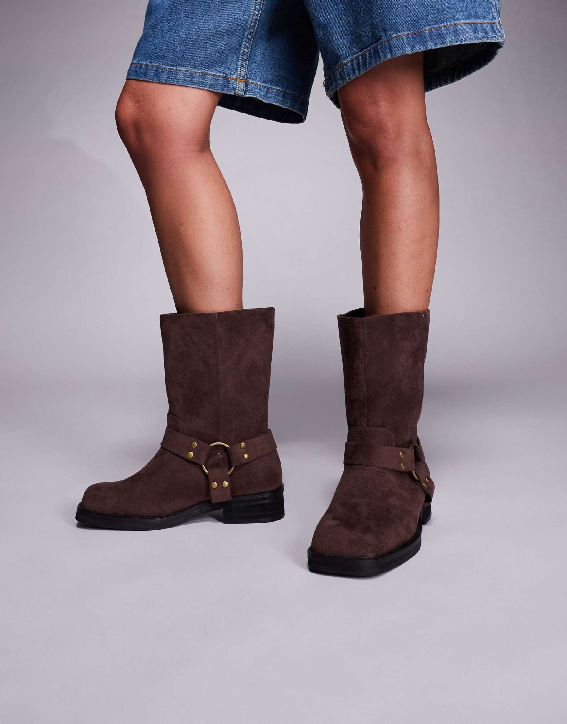 public desire wide fit sienna biker boots in brown faux suede