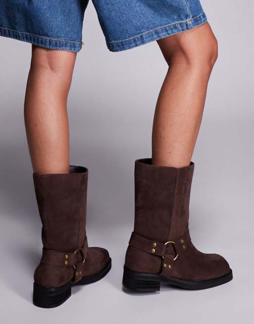 Public Desire Wide Fit Sienna biker boots in brown faux suede