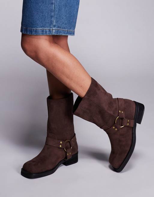 Public Desire Wide Fit Sienna biker boots in brown faux suede
