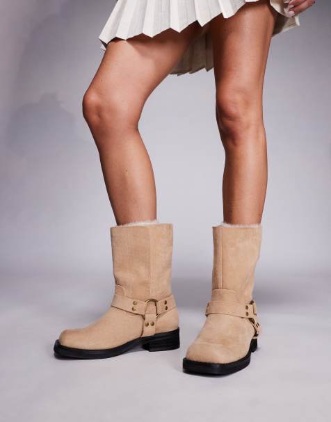 Public Desire Wide Fit Sienna biker boots in sand faux suede - view 1