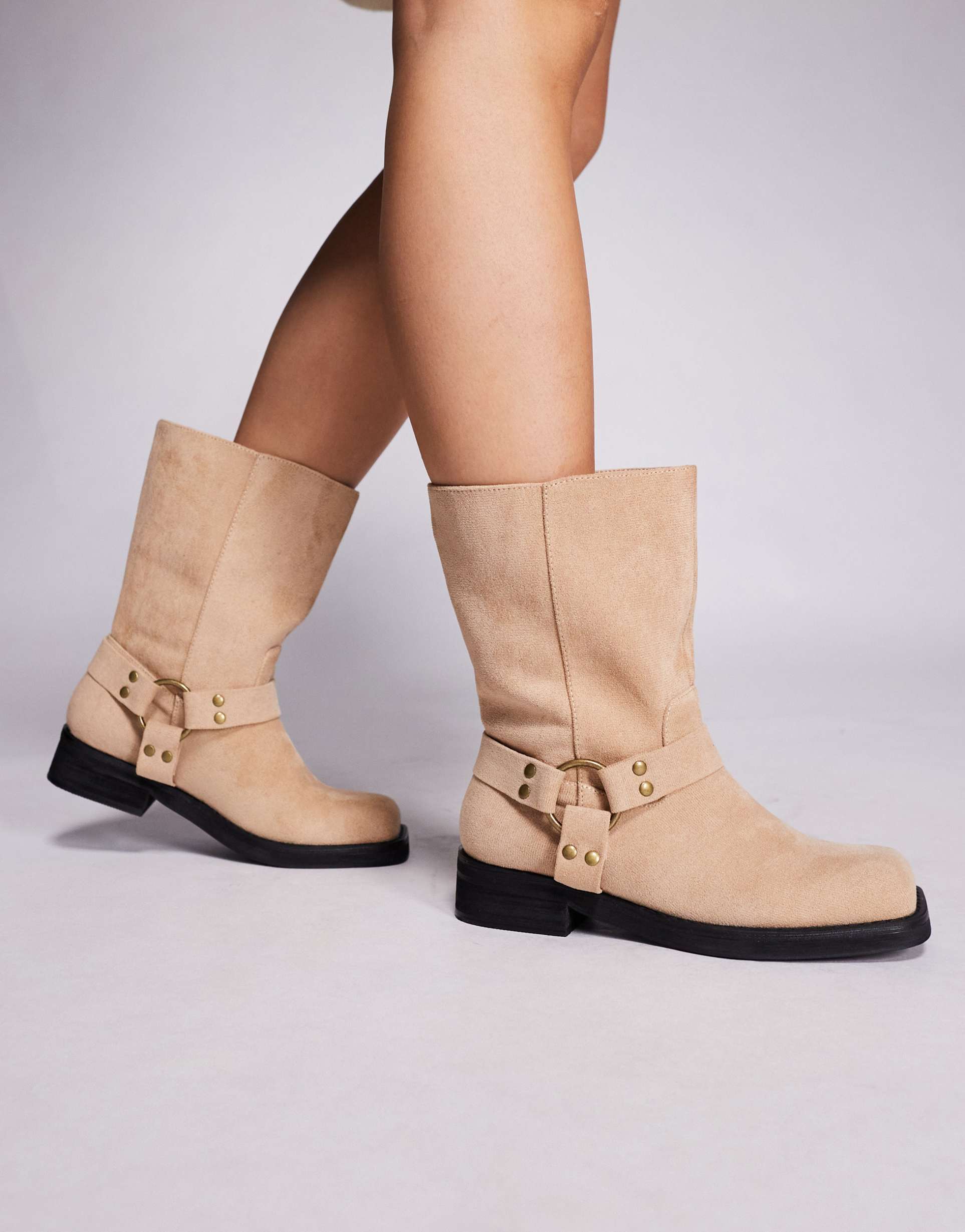 public desire wide fit sienna moto boots in sand faux suede