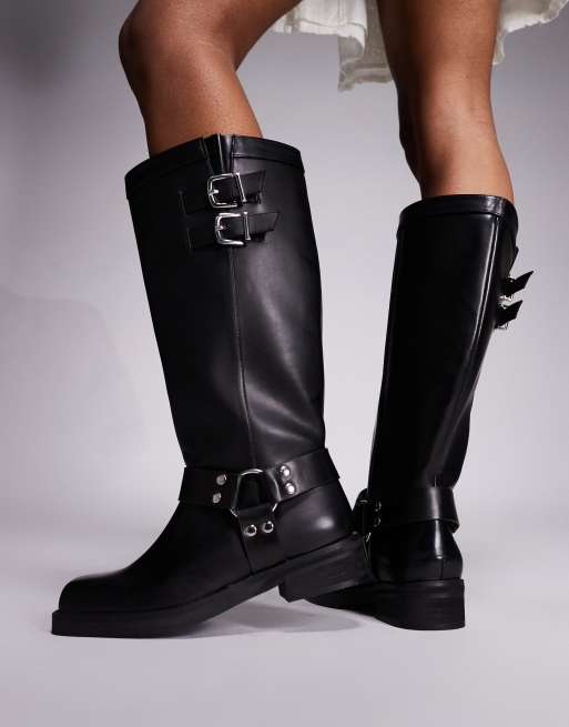 Public Desire Wide Fit Sirius flat harness knee boots in black, 2 of 4