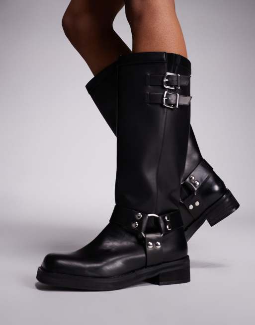Public Desire Wide Fit Sirius flat harness knee boots in black, 4 of 4