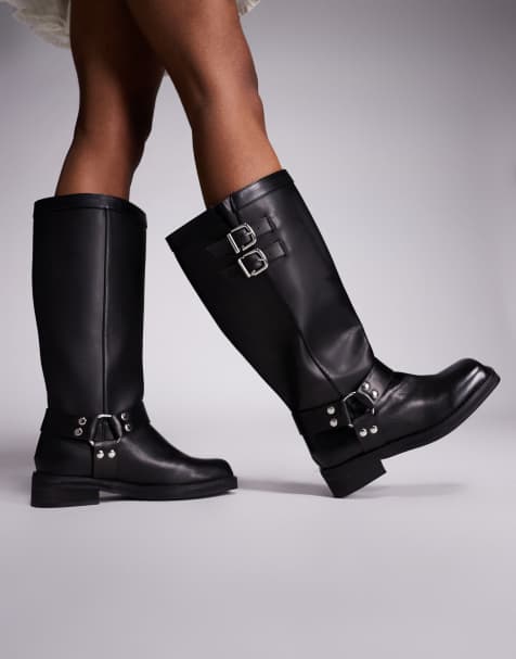 Public Desire Wide Fit Sirus flat harness knee boots in black - view 1