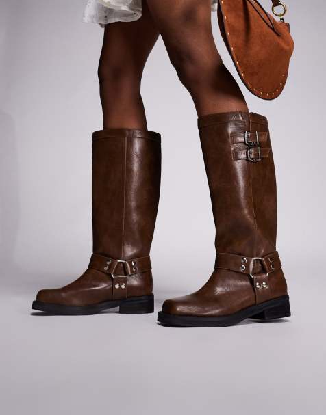 Public Desire Wide Fit Sirus flat harness knee boots in tan - view 1