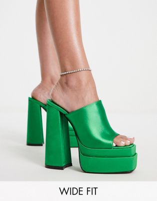 Public Desire Wide Fit Sky High double platform mules in green satin  - ASOS Price Checker