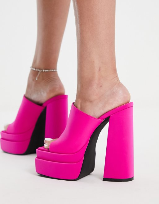 Public Desire Wide Fit Sky High double platform mules in pink satin , 2 of 4