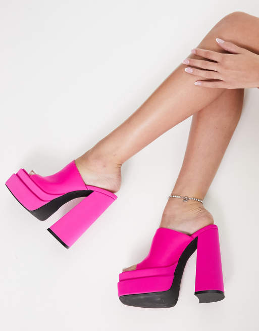 Public Desire Wide Fit Sky High double platform mules in pink satin , 4 of 4