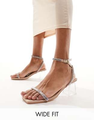 Public Desire Wide Fit Slay clear block heeled sandal with embellished strap in silver