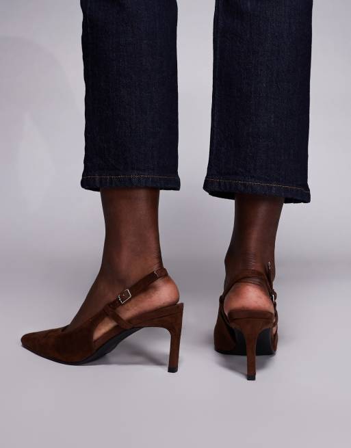 Public Desire Wide Fit sling back kitten heels in brown suedette, 2 of 4