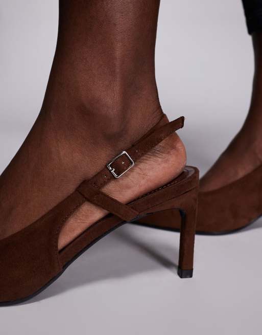 Public Desire Wide Fit slingback kitten heels in brown suedette, 3 of 4
