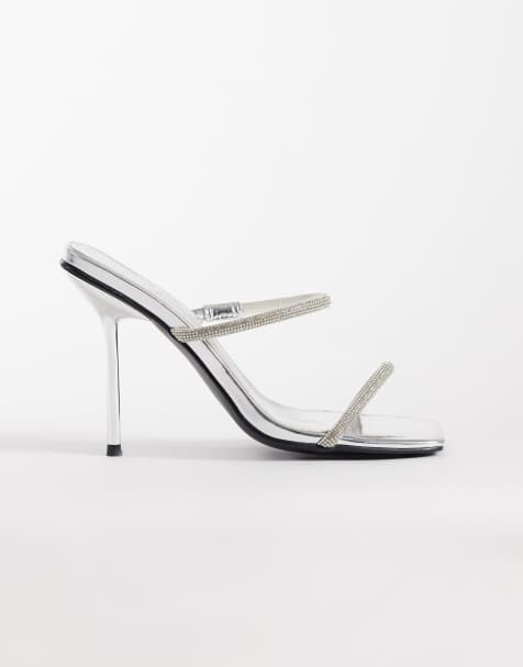 Public Desire Wide Fit - Sølvfarvede mule-sandaler med høj hæl og udsmykning - view 1