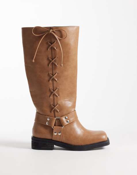 Public Desire Wide Fit – Soulful – Brungrå, knähöga boots med remmar - view 1