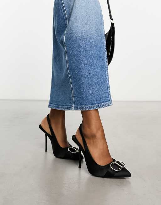 Public Desire Wide Fit Spicy heeled slingback shoes with hardware in black satin, 2 of 4