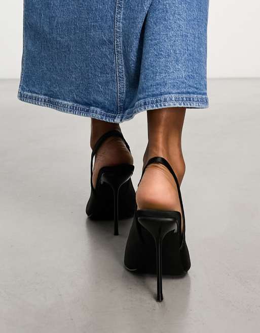 Public Desire Wide Fit Spicy heeled slingback shoes with hardware in black satin, 4 of 4