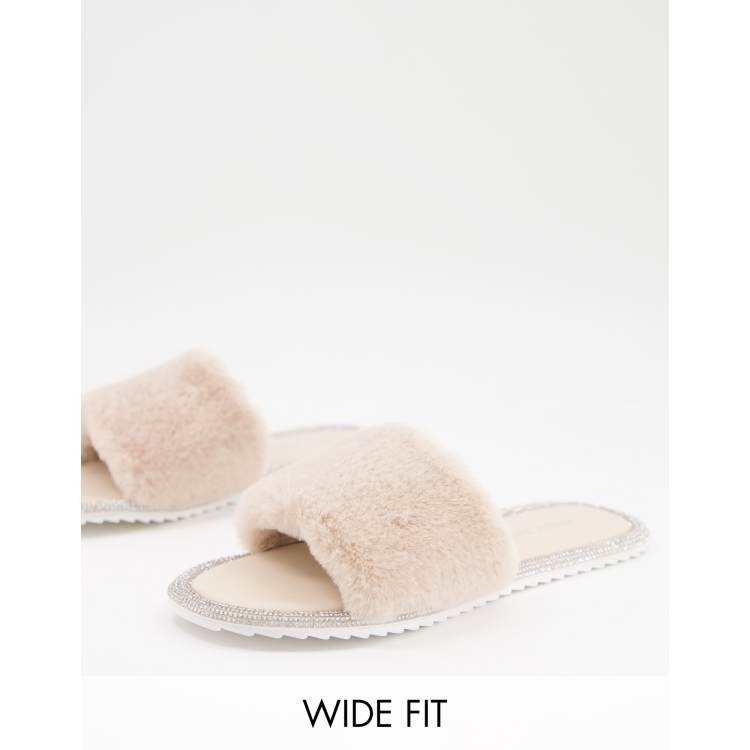 Public Desire Wide Fit Starlight fluffy slippers in cream ASOS