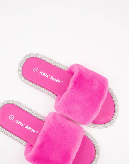 Public Desire Wide Fit Starlight fluffy slippers in pink