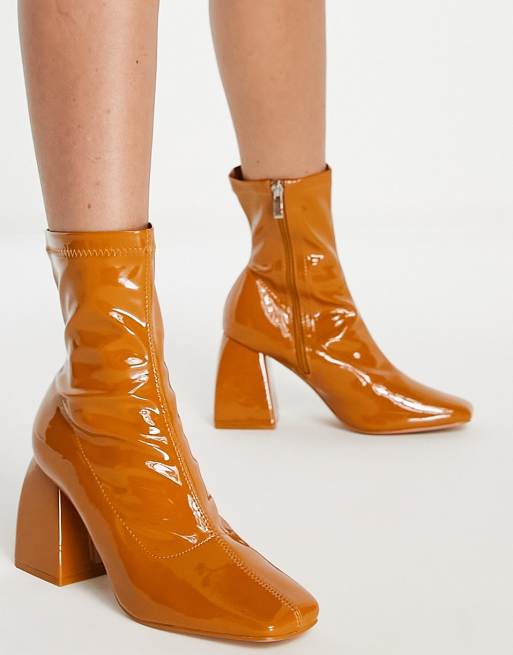 Public Desire Wide Fit Supreme square toe sock boots in camel patent, 3 of 4