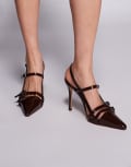 [Public Desire Wide Fit] Public Desire Wide Fit Sushi high heeled shoes with buckles in brown patent 40 Brown patent