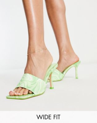 Public Desire Wide Fit Swirl It heeled mule sandals in green swirl print - ASOS Price Checker