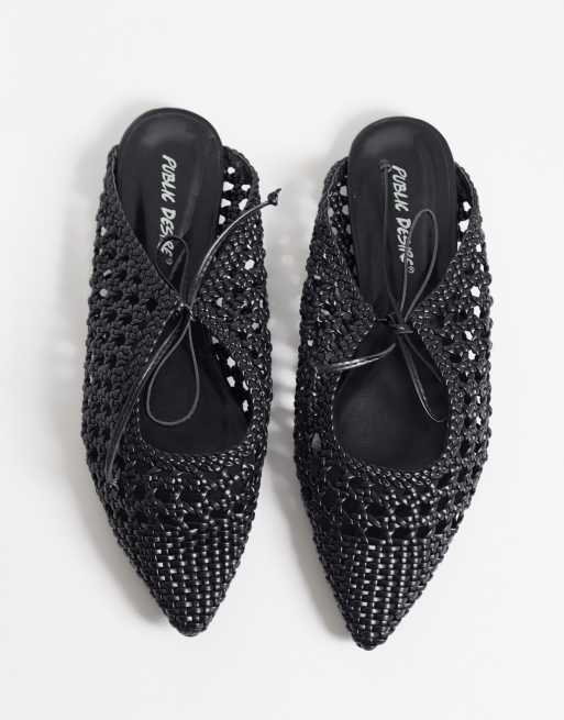 Public Desire Wide Fit Tabitha woven pointy flat mules in black , 2 of 4