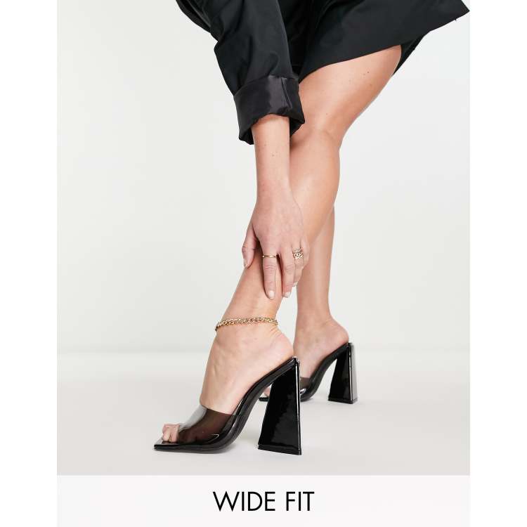 Public Desire Wide Fit Tammi black square toe pyramid perspex heeled mule