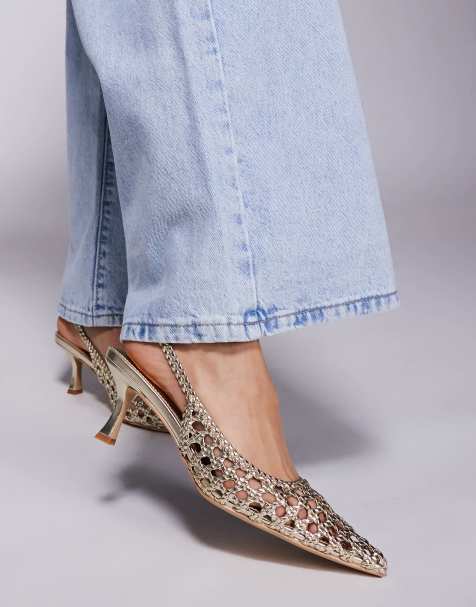 Public Desire Wide Fit Thelma woven slingback heeled shoes in gold - view 1