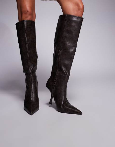 Public Desire Wide Fit Third Date high heeled knee boots in distressed brown - view 1