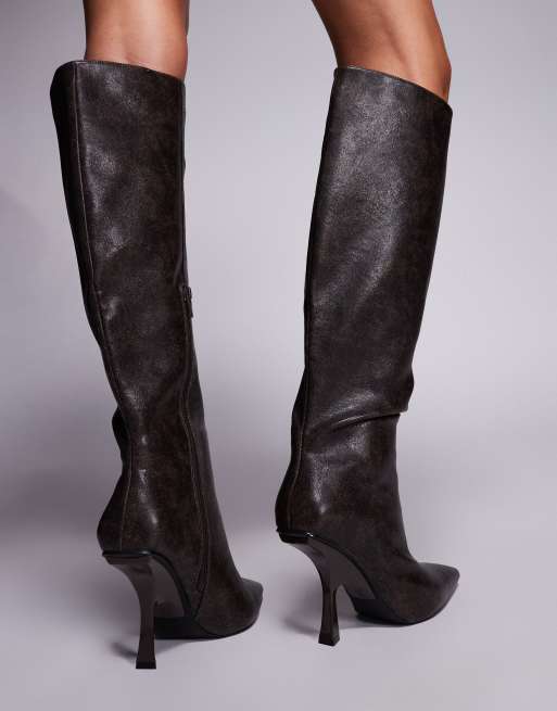 Public Desire Wide Fit Third Date high heeled knee boots in distressed brown