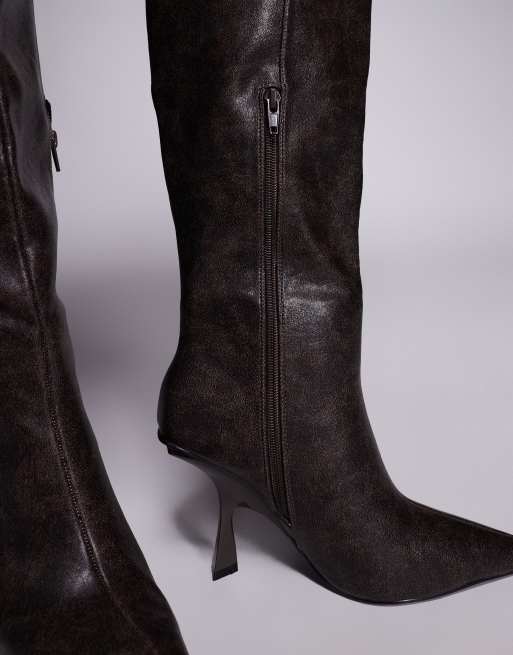 Public Desire Wide Fit Third Date high heeled knee boots in distressed brown
