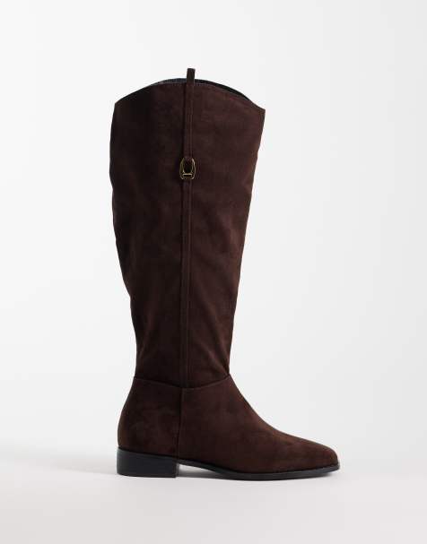 Public Desire Wide Fit Trench riding boots in brown suedette - view 1