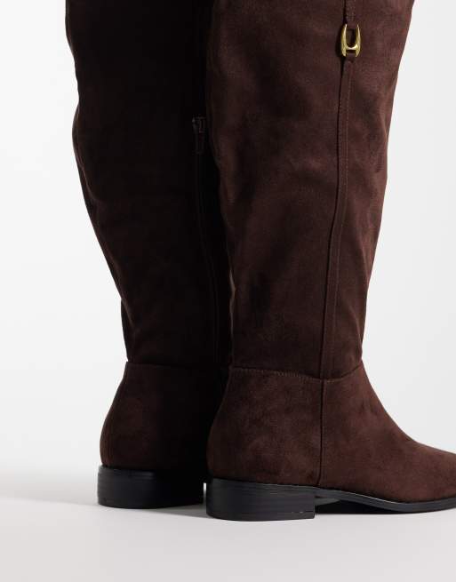 Public Desire Wide Fit Trench riding boots in brown suedette, 4 of 4