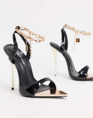 public desire wide fit triumph heeled sandals with padlock anklet in black