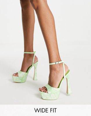 Public Desire Wide Fit Truce platform high heel sandals in lime swirl print-Green