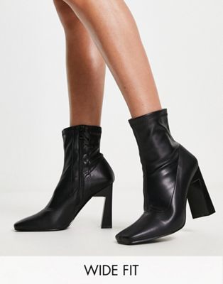 Public Desire Wide Fit True Mid Heeled Ankle Boots In Black Pu