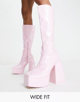 Public Desire Wide Fit Unique platform knee boots in pale pink