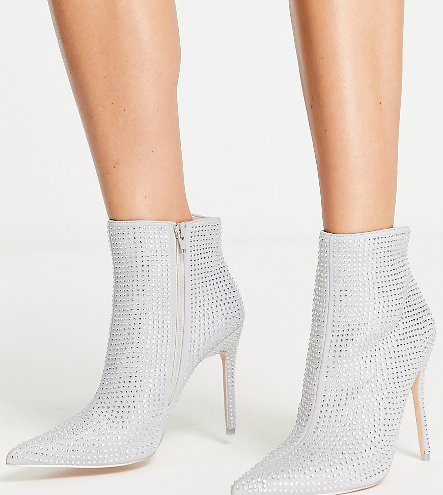 Public Desire Wide Fit Verona Ruched Rhinestone Heeled Ankle Boots In Silver