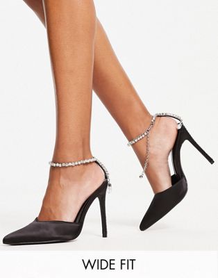Public Desire Wide Fit Xander court shoe with embellished ankle strap in black