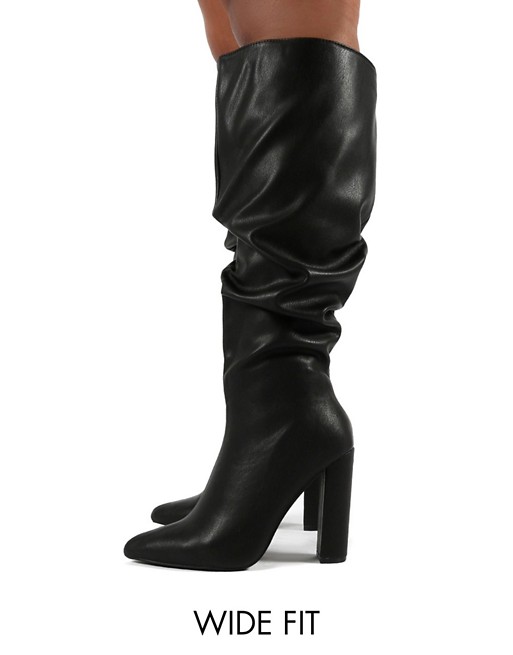 Public Desire Wide Fit Yours black slouchy knee boots in black