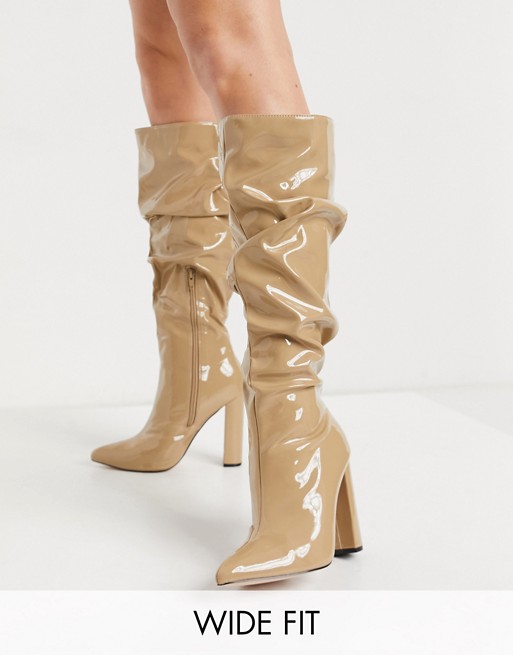 Public Desire Wide Fit Yours black slouchy knee boots in camel patent